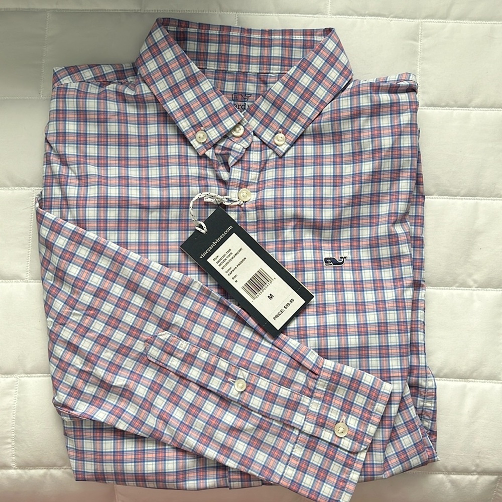 NWT BOYS Vineyard Vines long sleeve button down shirt  M performance material